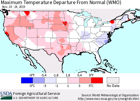United States Mean Maximum Temperature Departure from Normal (WMO) Thematic Map For 11/18/2019 - 11/24/2019