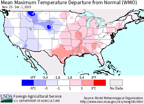 United States Mean Maximum Temperature Departure from Normal (WMO) Thematic Map For 11/25/2019 - 12/1/2019