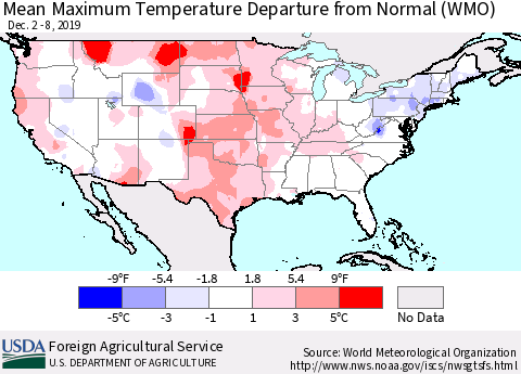United States Maximum Temperature Departure From Normal (WMO) Thematic Map For 12/2/2019 - 12/8/2019