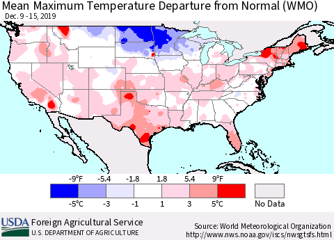 United States Mean Maximum Temperature Departure from Normal (WMO) Thematic Map For 12/9/2019 - 12/15/2019