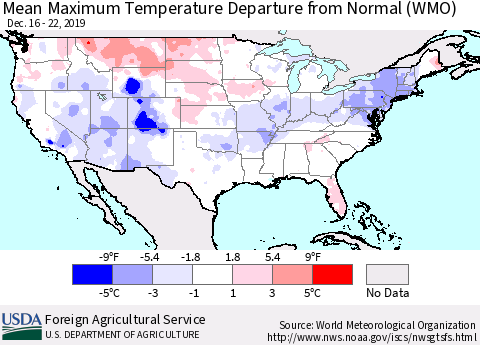 United States Mean Maximum Temperature Departure from Normal (WMO) Thematic Map For 12/16/2019 - 12/22/2019