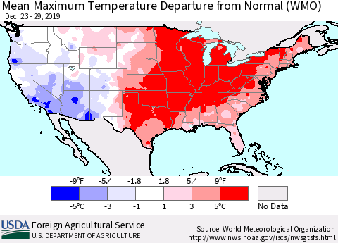 United States Mean Maximum Temperature Departure from Normal (WMO) Thematic Map For 12/23/2019 - 12/29/2019
