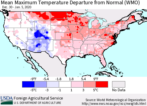 United States Mean Maximum Temperature Departure from Normal (WMO) Thematic Map For 12/30/2019 - 1/5/2020