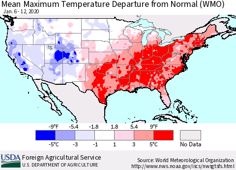 United States Mean Maximum Temperature Departure from Normal (WMO) Thematic Map For 1/6/2020 - 1/12/2020