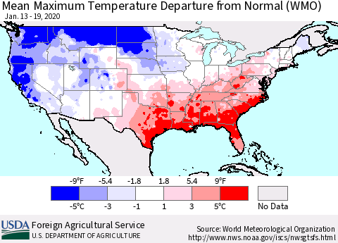 United States Mean Maximum Temperature Departure from Normal (WMO) Thematic Map For 1/13/2020 - 1/19/2020