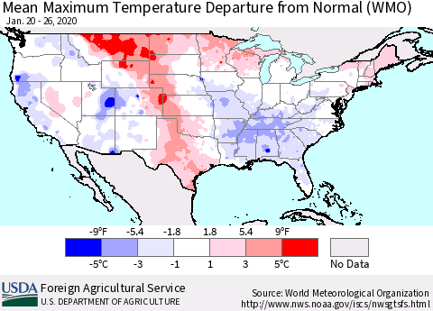 United States Mean Maximum Temperature Departure from Normal (WMO) Thematic Map For 1/20/2020 - 1/26/2020