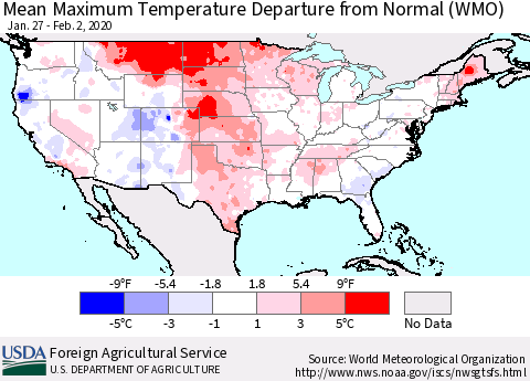 United States Maximum Temperature Departure From Normal (WMO) Thematic Map For 1/27/2020 - 2/2/2020
