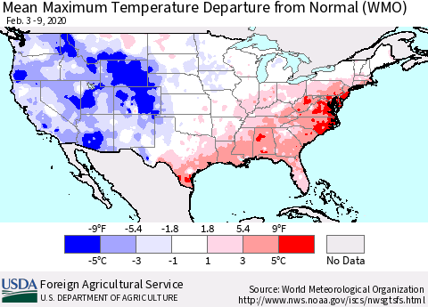 United States Maximum Temperature Departure From Normal (WMO) Thematic Map For 2/3/2020 - 2/9/2020