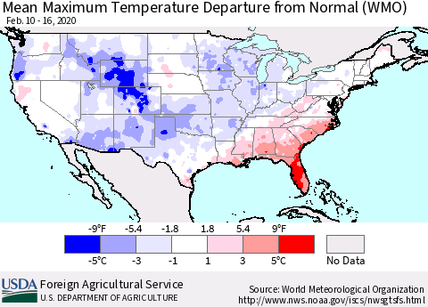 United States Mean Maximum Temperature Departure from Normal (WMO) Thematic Map For 2/10/2020 - 2/16/2020