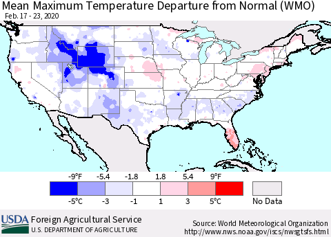 United States Mean Maximum Temperature Departure from Normal (WMO) Thematic Map For 2/17/2020 - 2/23/2020