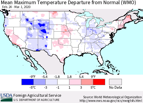 United States Maximum Temperature Departure From Normal (WMO) Thematic Map For 2/24/2020 - 3/1/2020