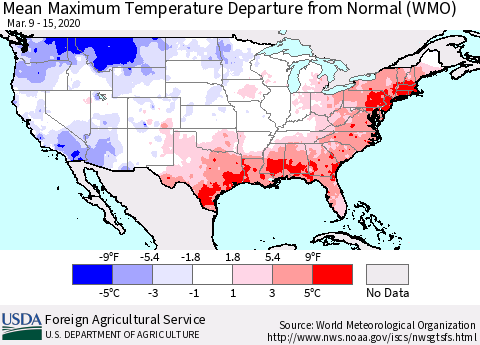 United States Maximum Temperature Departure From Normal (WMO) Thematic Map For 3/9/2020 - 3/15/2020