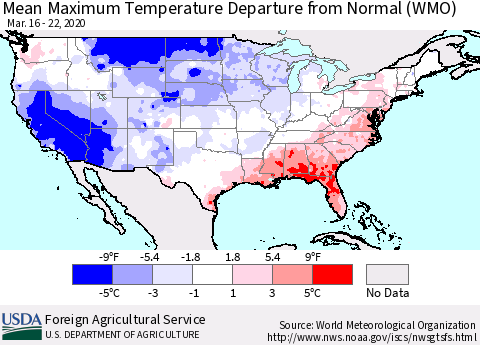 United States Maximum Temperature Departure From Normal (WMO) Thematic Map For 3/16/2020 - 3/22/2020