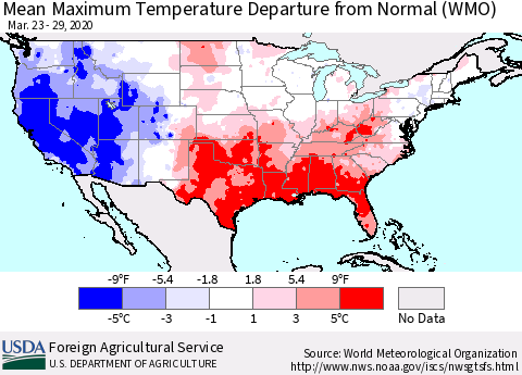 United States Mean Maximum Temperature Departure from Normal (WMO) Thematic Map For 3/23/2020 - 3/29/2020