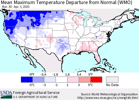 United States Maximum Temperature Departure From Normal (WMO) Thematic Map For 3/30/2020 - 4/5/2020