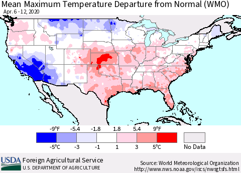 United States Mean Maximum Temperature Departure from Normal (WMO) Thematic Map For 4/6/2020 - 4/12/2020