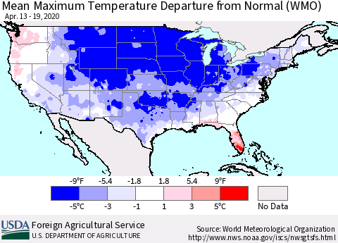 United States Maximum Temperature Departure From Normal (WMO) Thematic Map For 4/13/2020 - 4/19/2020