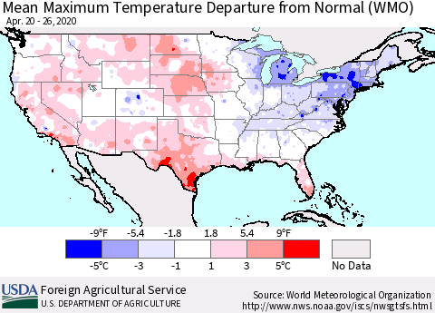 United States Mean Maximum Temperature Departure from Normal (WMO) Thematic Map For 4/20/2020 - 4/26/2020