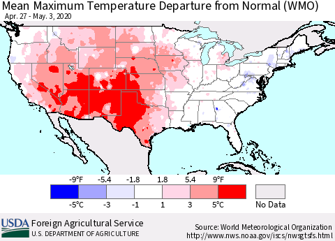 United States Mean Maximum Temperature Departure from Normal (WMO) Thematic Map For 4/27/2020 - 5/3/2020