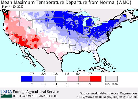 United States Mean Maximum Temperature Departure from Normal (WMO) Thematic Map For 5/4/2020 - 5/10/2020