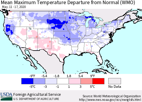 United States Mean Maximum Temperature Departure from Normal (WMO) Thematic Map For 5/11/2020 - 5/17/2020