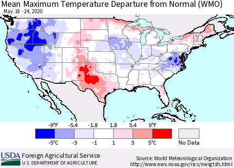 United States Maximum Temperature Departure From Normal (WMO) Thematic Map For 5/18/2020 - 5/24/2020