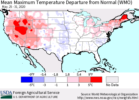 United States Maximum Temperature Departure From Normal (WMO) Thematic Map For 5/25/2020 - 5/31/2020