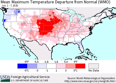 United States Mean Maximum Temperature Departure from Normal (WMO) Thematic Map For 6/1/2020 - 6/7/2020