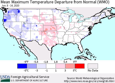 United States Mean Maximum Temperature Departure from Normal (WMO) Thematic Map For 6/8/2020 - 6/14/2020