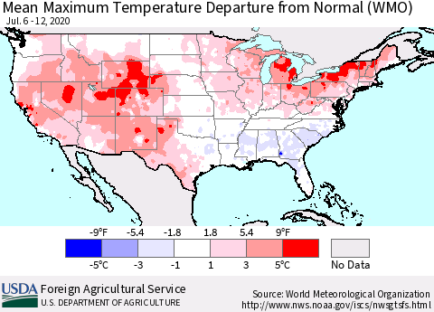 United States Maximum Temperature Departure From Normal (WMO) Thematic Map For 7/6/2020 - 7/12/2020