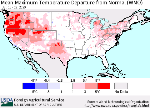United States Maximum Temperature Departure From Normal (WMO) Thematic Map For 7/13/2020 - 7/19/2020