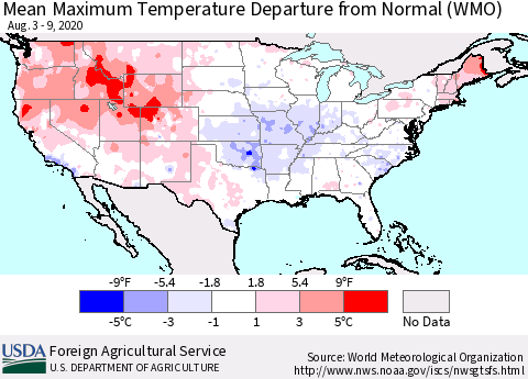 United States Mean Maximum Temperature Departure from Normal (WMO) Thematic Map For 8/3/2020 - 8/9/2020