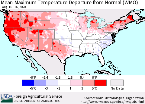 United States Maximum Temperature Departure From Normal (WMO) Thematic Map For 8/10/2020 - 8/16/2020