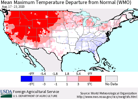 United States Maximum Temperature Departure From Normal (WMO) Thematic Map For 8/17/2020 - 8/23/2020