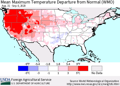 United States Mean Maximum Temperature Departure from Normal (WMO) Thematic Map For 8/31/2020 - 9/6/2020