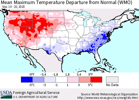 United States Maximum Temperature Departure From Normal (WMO) Thematic Map For 9/14/2020 - 9/20/2020