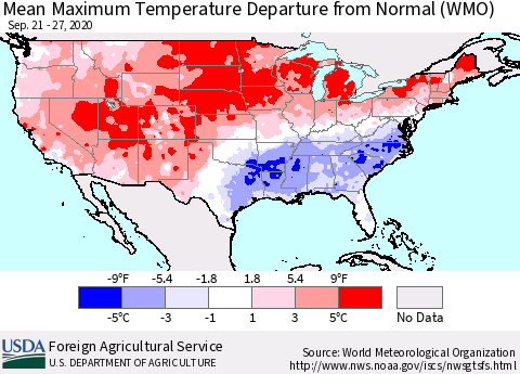 United States Maximum Temperature Departure From Normal (WMO) Thematic Map For 9/21/2020 - 9/27/2020