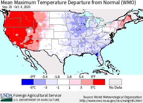 United States Maximum Temperature Departure From Normal (WMO) Thematic Map For 9/28/2020 - 10/4/2020