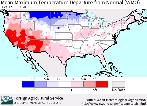 United States Mean Maximum Temperature Departure from Normal (WMO) Thematic Map For 10/12/2020 - 10/18/2020