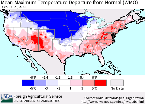 United States Mean Maximum Temperature Departure from Normal (WMO) Thematic Map For 10/19/2020 - 10/25/2020