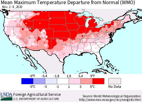 United States Mean Maximum Temperature Departure from Normal (WMO) Thematic Map For 11/2/2020 - 11/8/2020