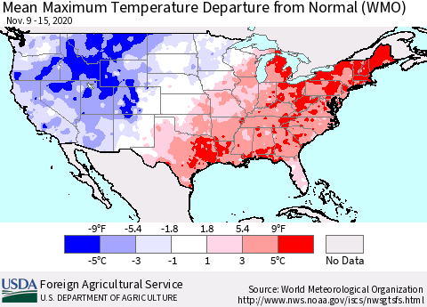 United States Mean Maximum Temperature Departure from Normal (WMO) Thematic Map For 11/9/2020 - 11/15/2020