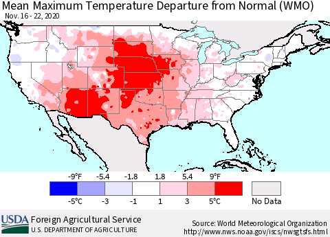 United States Maximum Temperature Departure From Normal (WMO) Thematic Map For 11/16/2020 - 11/22/2020