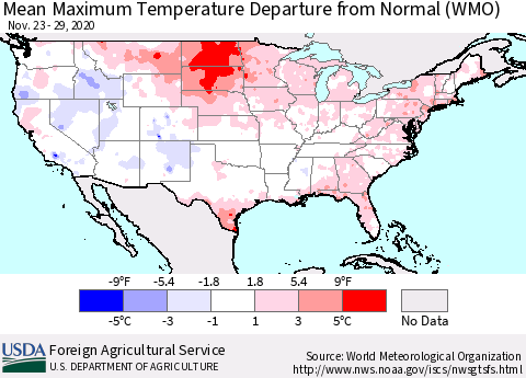 United States Mean Maximum Temperature Departure from Normal (WMO) Thematic Map For 11/23/2020 - 11/29/2020