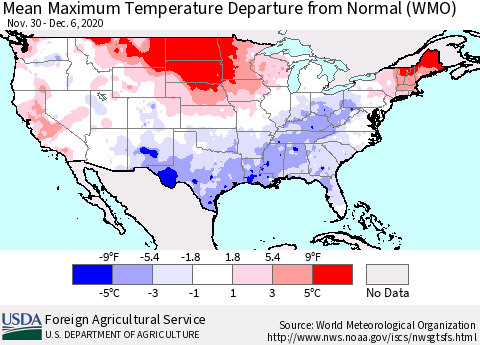United States Mean Maximum Temperature Departure from Normal (WMO) Thematic Map For 11/30/2020 - 12/6/2020