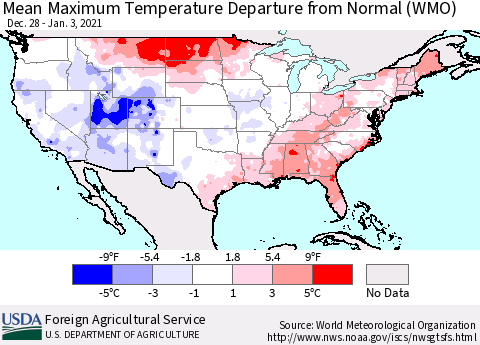 United States Maximum Temperature Departure From Normal (WMO) Thematic Map For 12/28/2020 - 1/3/2021