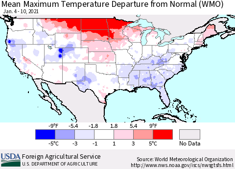 United States Maximum Temperature Departure From Normal (WMO) Thematic Map For 1/4/2021 - 1/10/2021