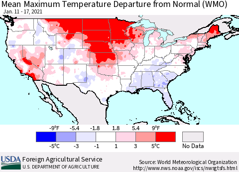 United States Maximum Temperature Departure From Normal (WMO) Thematic Map For 1/11/2021 - 1/17/2021