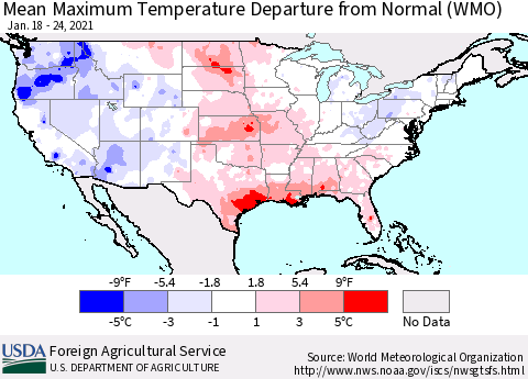 United States Mean Maximum Temperature Departure from Normal (WMO) Thematic Map For 1/18/2021 - 1/24/2021