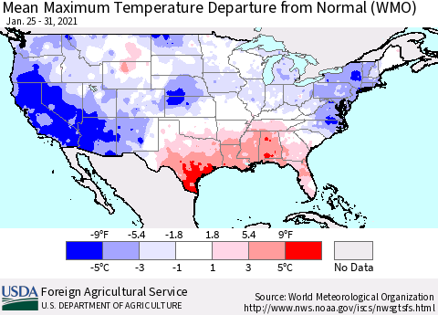 United States Mean Maximum Temperature Departure from Normal (WMO) Thematic Map For 1/25/2021 - 1/31/2021